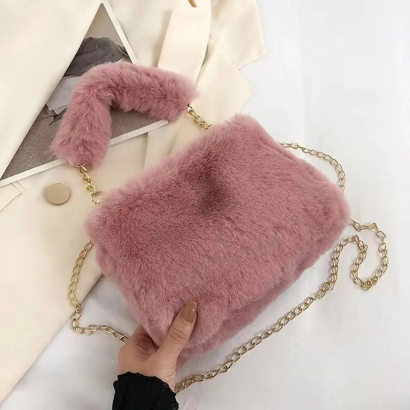 Winter Plush Tote Handbag Versatile Fluffy Shoulder Bag Soft Cute Chain Crossbody Bag