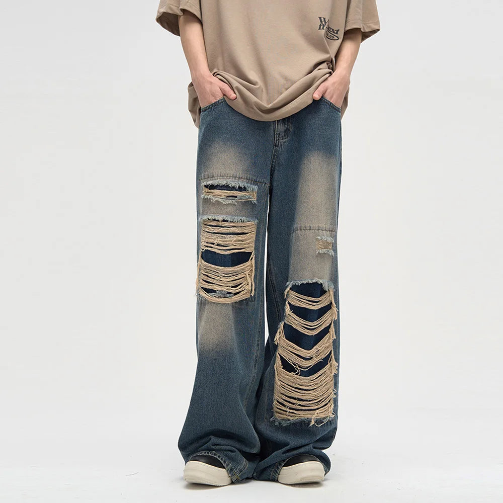 Men's Ripped Black Jeans Harajuku Wide Leg Pants Denim Baggy Y2K Cargo Pants