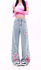 Blue Womens Jeans Butterfly High Waist Straight Baggy Denim Pants American