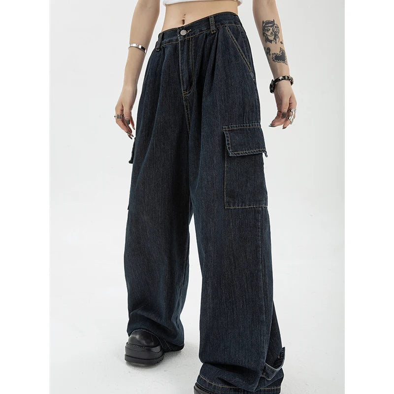 Women's Blue Vintage Wide Leg Jeans Fashion Baggy High Waist Straight Pants