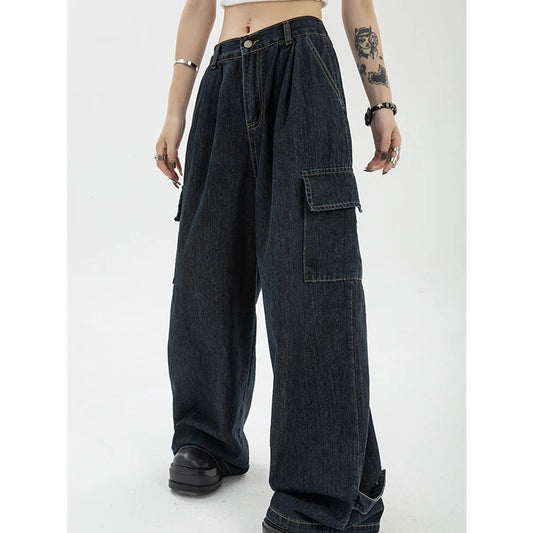 Women's Blue Vintage Wide Leg Jeans Fashion Baggy High Waist Straight Pants