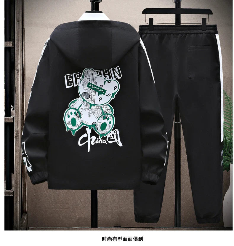 Spring Men Sportswear Tracksuit 2 Piece Running Sets Sports Hooded Jacket+Pant Sweatsuit Male Print Clothing Streetwear