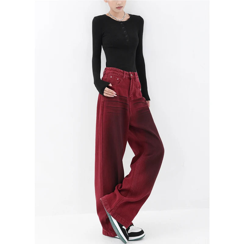 Fashion Vintage Red Straight Jeans Casual High Waist High Street Style Pants