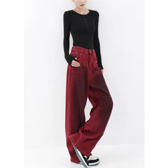 Fashion Vintage Red Straight Jeans Casual High Waist High Street Style Pants