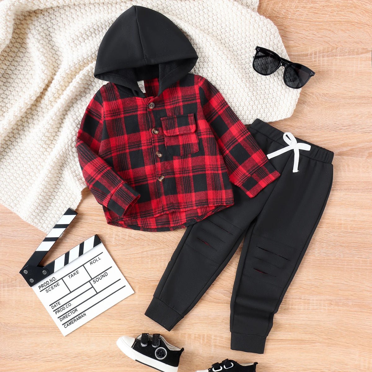 3PCS Autumn Boys Aged 2-6 Are Fashionable And Handsome, Multi-Color Plaid Hooded Long-Sleeved Top + Solid Color Pants Set