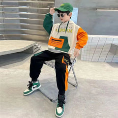 Boys Tracksuit Sets Children Patchwork Letter Sweatshirts+Pants 2Pcs Outfits Teenager Autumn Fashion Hooded Suits Spring Clothes