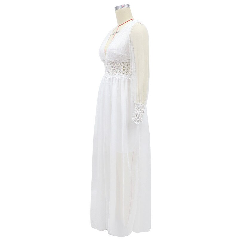 long-sleeved wedding dress wish long V-neck lace mesh long dress