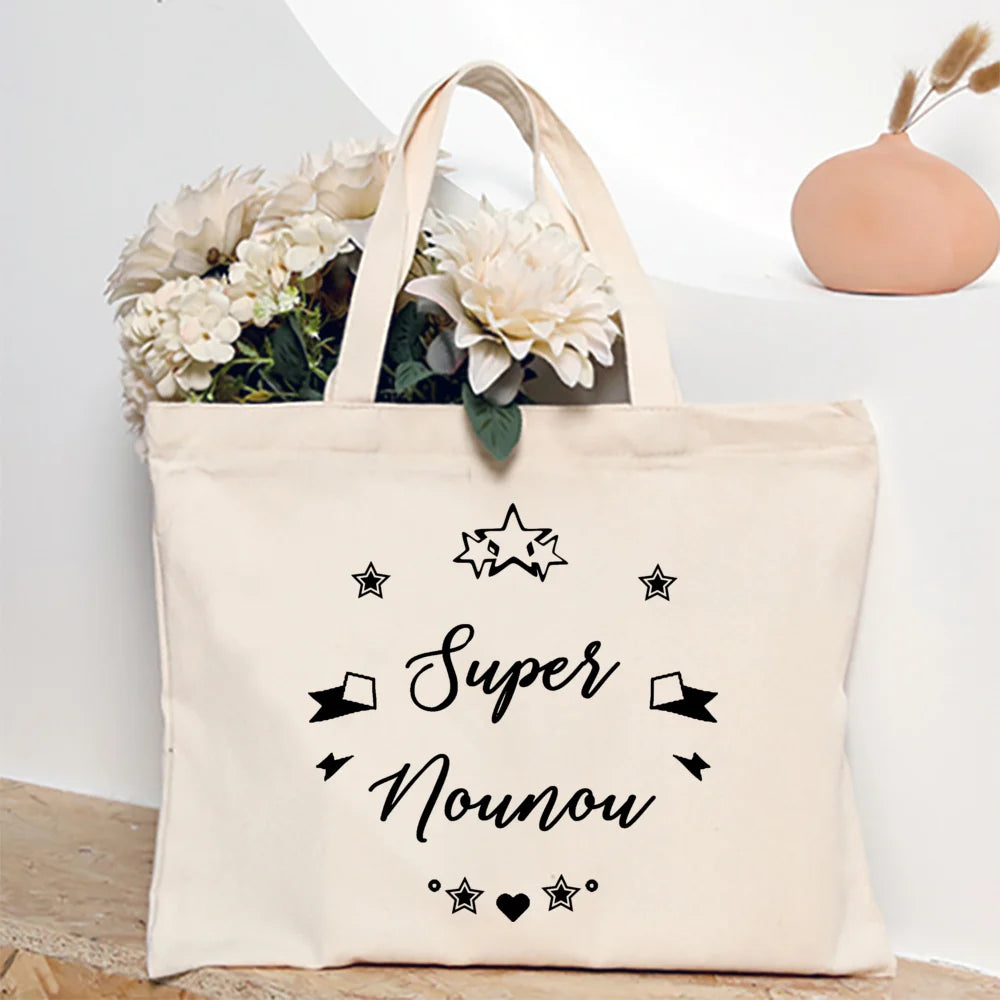Merci Nounou French Printed Women Shoulder Bag Canvas Tote Bag Female