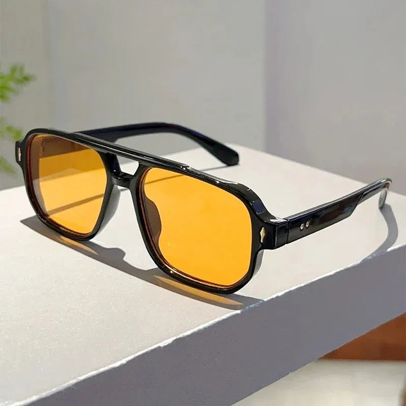 Vintage Double Bridges Men Square Sunglasses Fashion Green Ocean Lens UV400 Eyewear Women Trending Rivets Sun Glasses