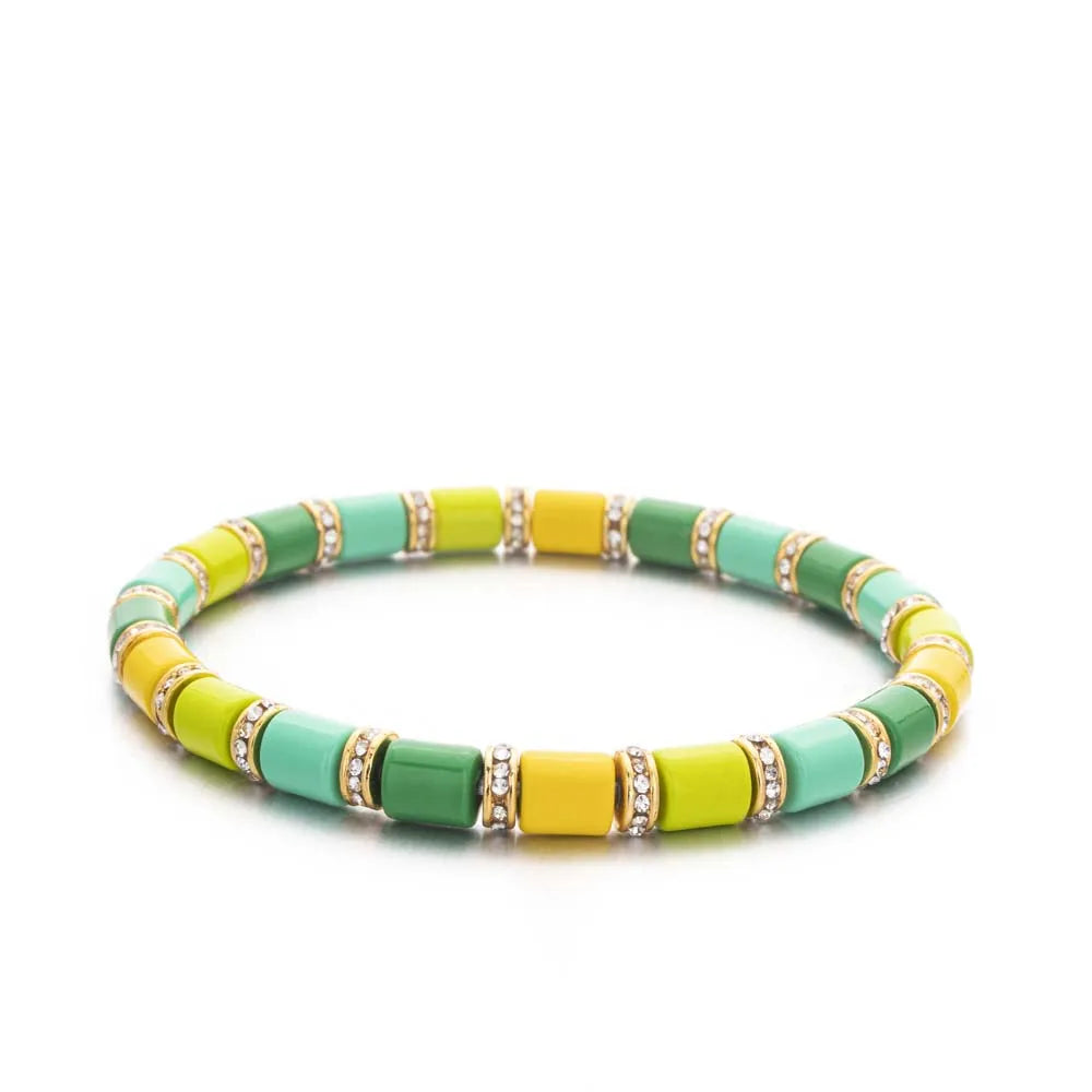 2023 New Design Paved Diamond Enamel Bracelets Colorful Beads Arrow Shape Elastic Bangle For Women Boho Stretch Jewelry