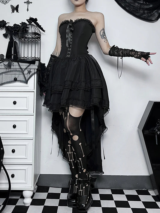 Formal attire Dresses: Swing Dress Women Mall Goth Lace Trim Sleeveless Dress