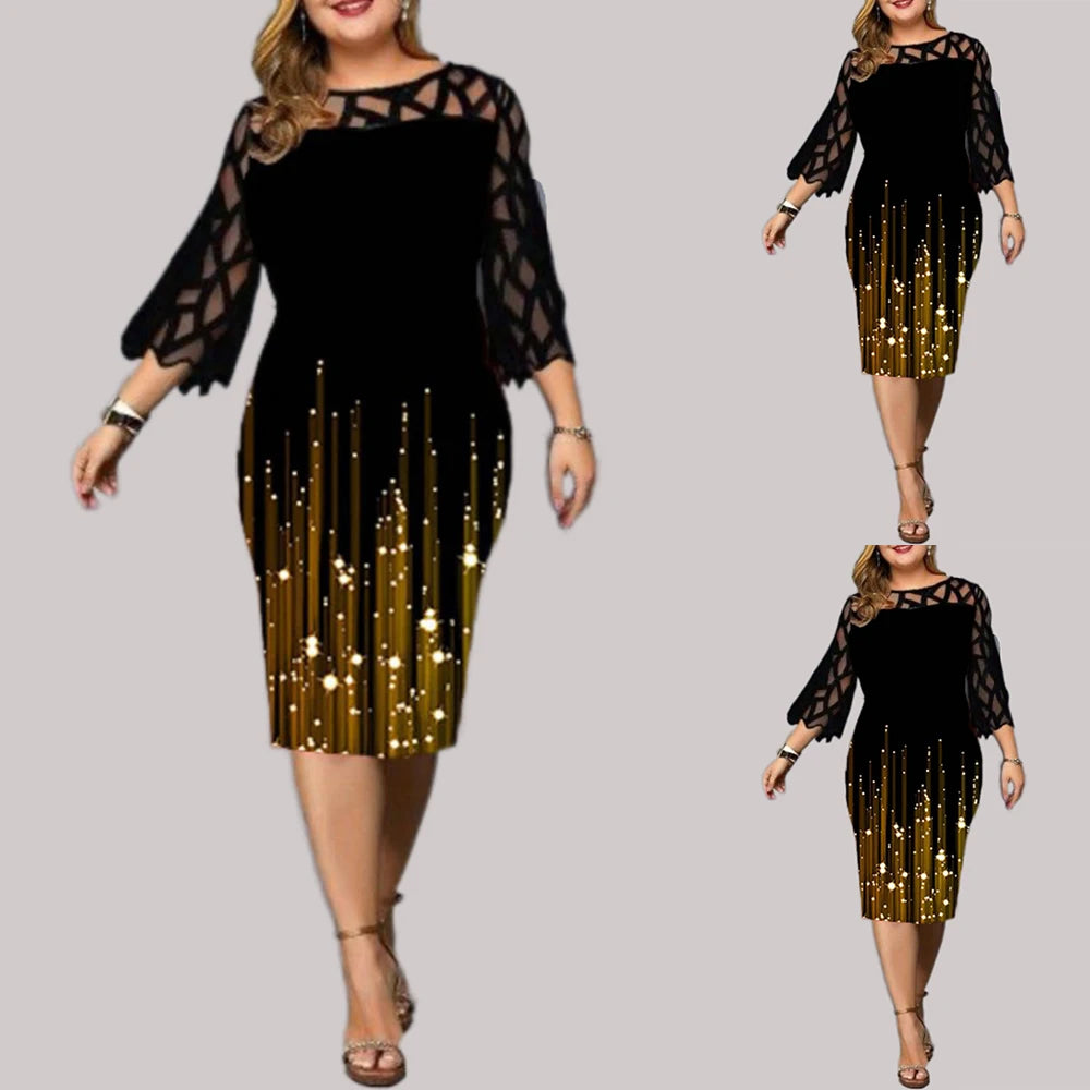Women Plus Size Dress Hollow Out Lace Stitching Slim Hips Wrapped Dress Ladies Round Neck Colorblock Bodycon Wedding Party Dress