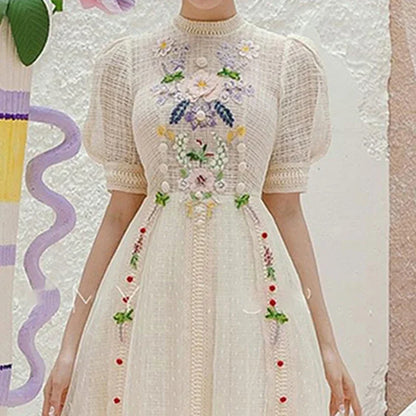 Summer Vintage Embroidery Flower Dress for Women Elegant Short Sleeve Vintage Bodycon Lady Clothing Luxury Design Party Vestido