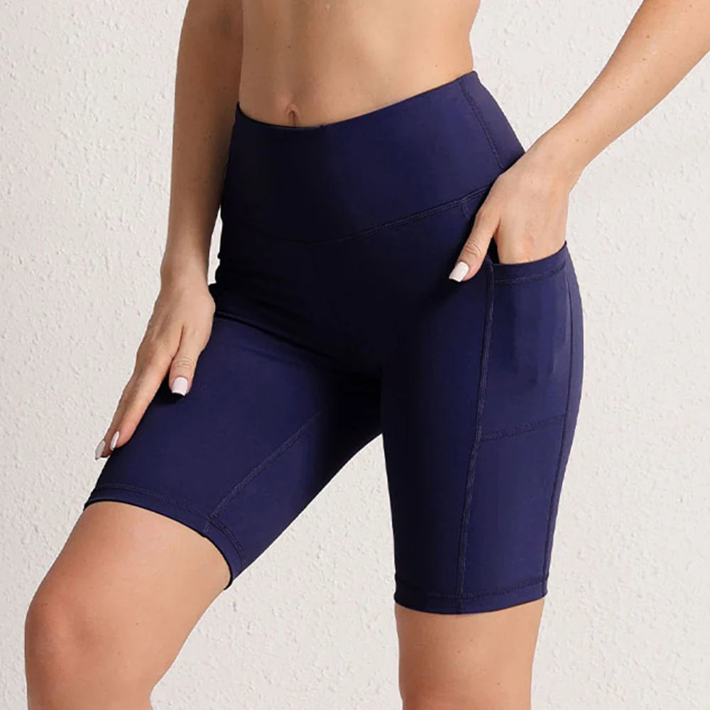 CHRLEISURE Women Yoga Shorts with 3 Pockets Seamless Gym Fitness Tights Elastic Cycling Shorts Female Solid Color Leggings
