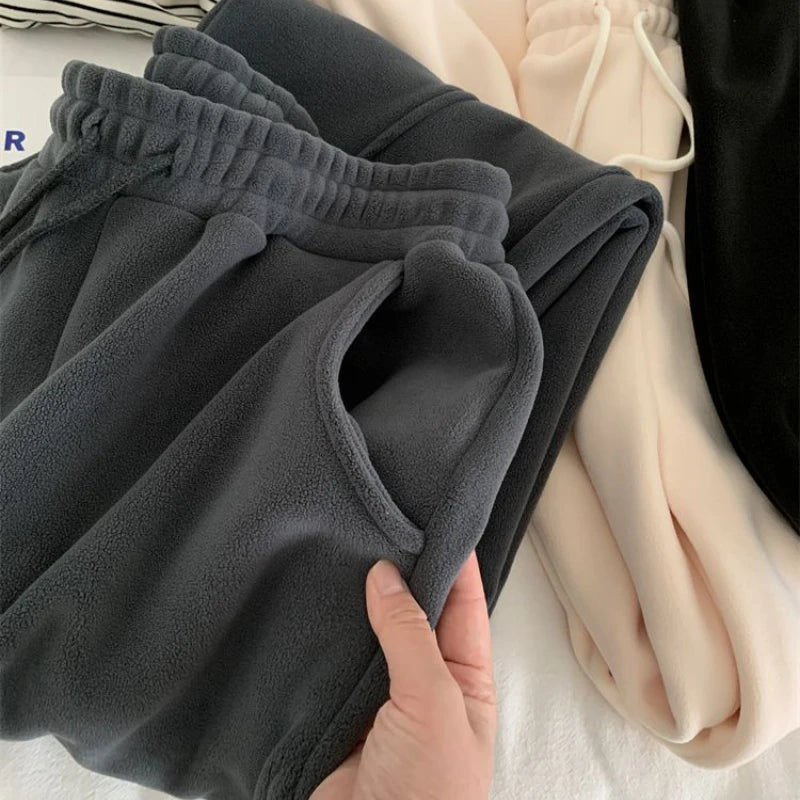 Polar Fleece Pants Women High Waist Baggy Wide Leg Sweatpants Thickening Straight Drawstring Warm Stitching Straight Trousers