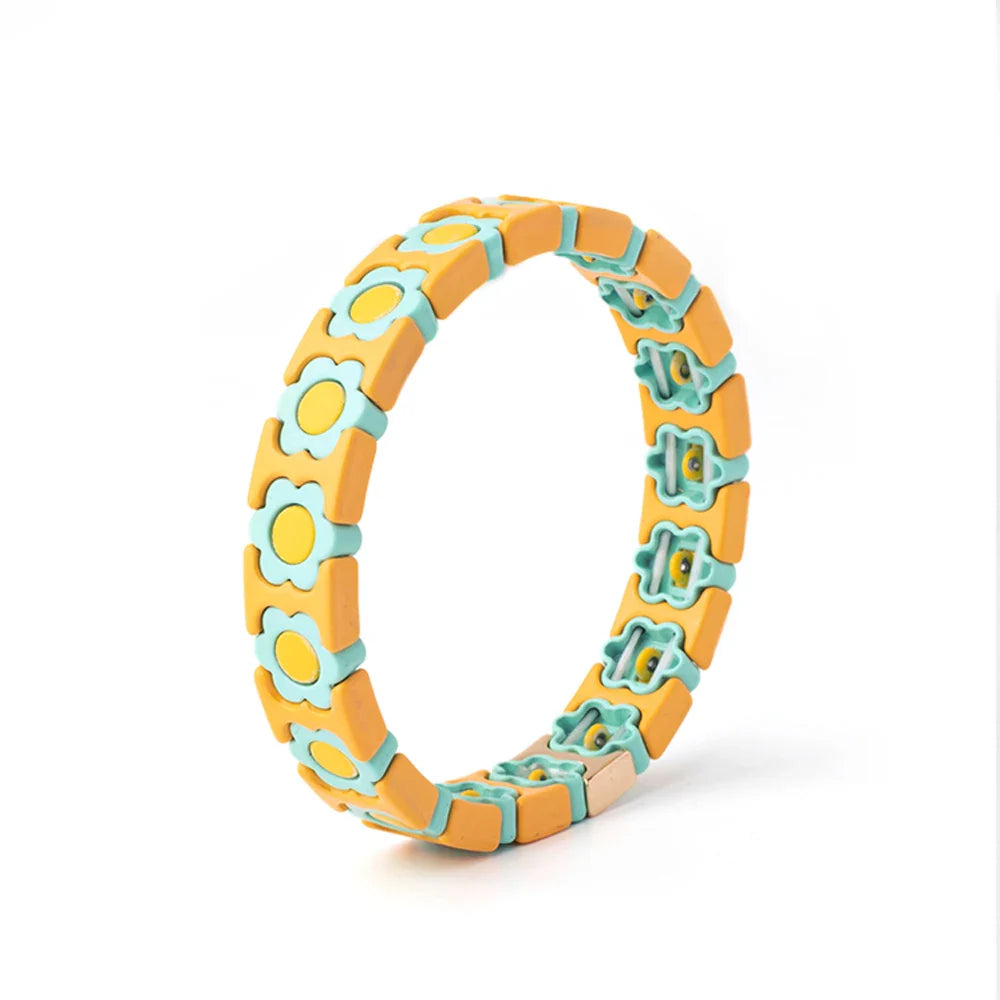 New Design Colorful Flower Charms Bangle For Women Handmade Bohemian Elastic Flower Bracelets Metal Beads Jewelry