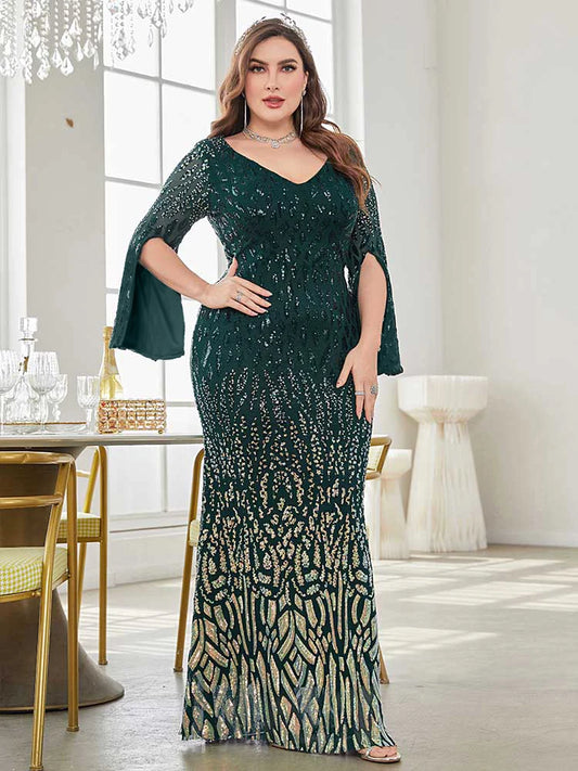 Plus Size Elegant Sequin Evening Dress Women Formal Maxi Prom Dress