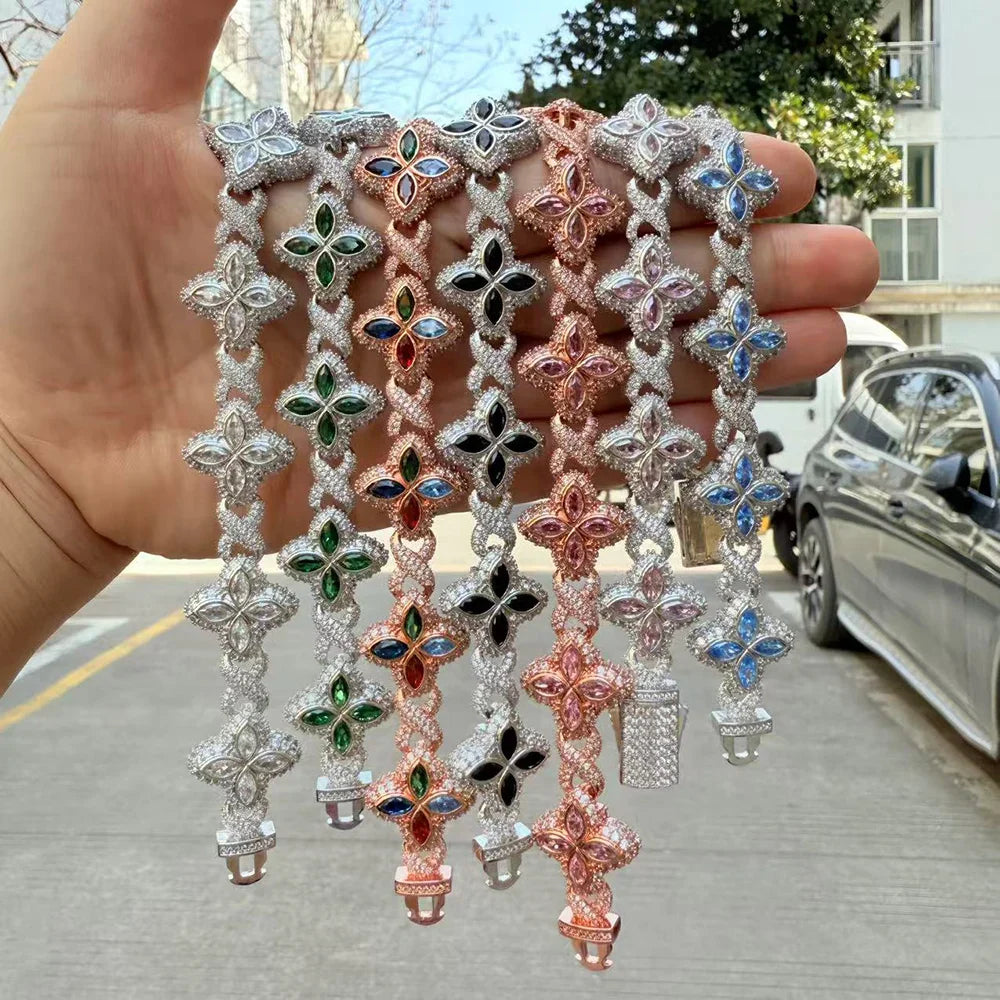 UWIN Iced Baby Blue Baguettecz Floral Infinity Bracelets for Women Men Cubic Zirconia Cuban Link Chain Anklets Fashion Jewelry