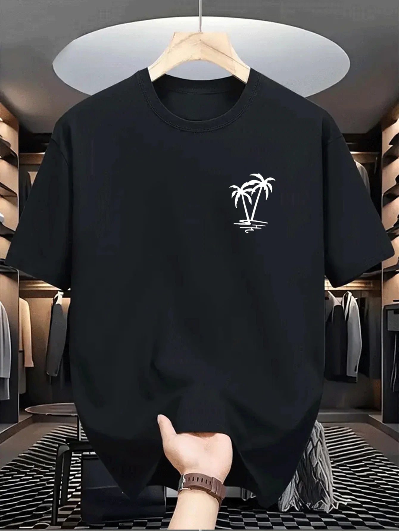 Men's summer 100% cotton fashionable casual loose coconut tree pattern printed sports round neck short sleeved T-shirt top