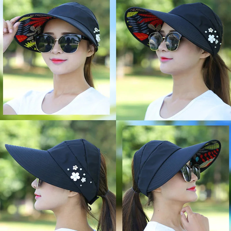 Summer Women Wide Brim Empty Top Hats Flower Pearls Floppy Foldable Sun Protection Hats Outdoor Beach Tour Visor Baseball Cap