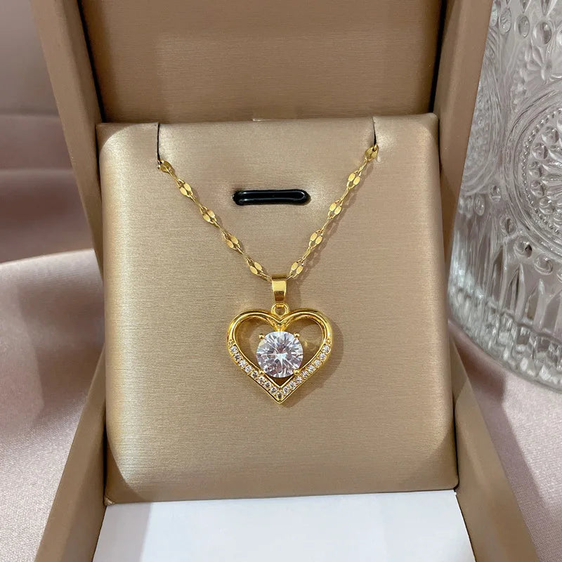 Artificial Gems Heart Pendant Necklace for women Golden Stainless Steel Lips