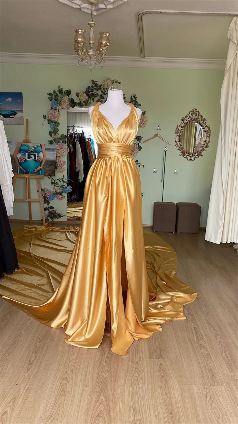 Homecoming Dresses: Long Sweep Train Prom Dress Gold Satin Party Dress