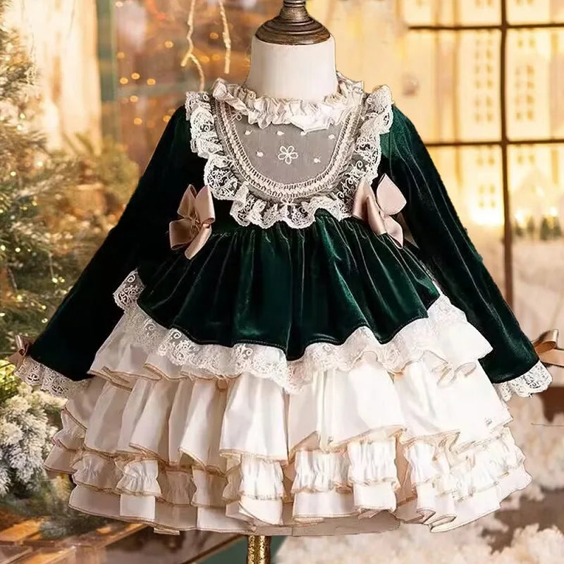 Christmas Carnival New Year Palace Style Girls' Princess Dress Lace Bowtie Girls' Birthday Party Elegant Evening Dress