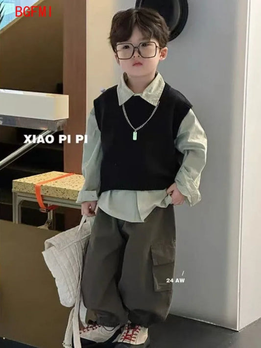 Boys' Black Vest + Shirt+ Casual Pants 3pcs Set Children's Spring Long Sleeved Early Autumn Set Baby Cool and Handsome Clothes