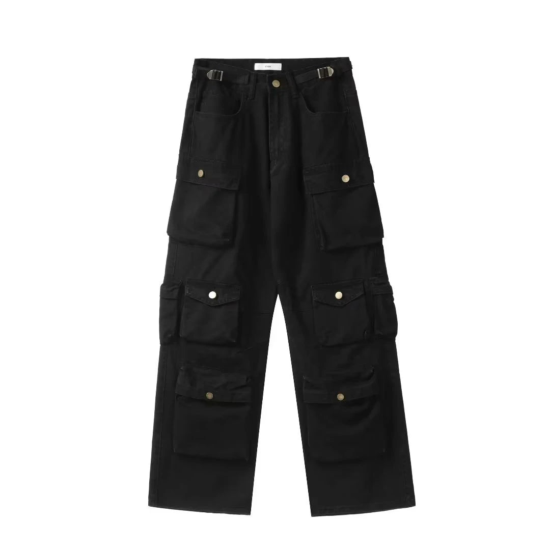 Popular Rice White Multi-pockets Overalls Harajuku stays Men Loose Casual Trousers