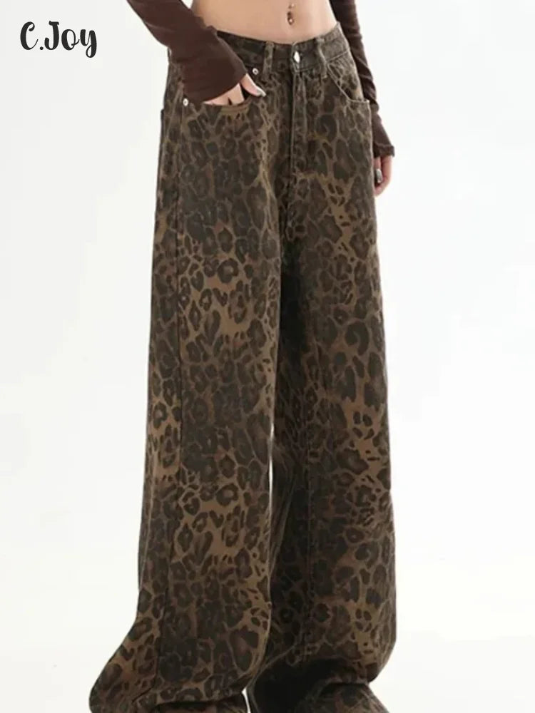Vintage Fashion Leopard Jeans Women Y2k High Waist Loose Wide-leg Pants Female