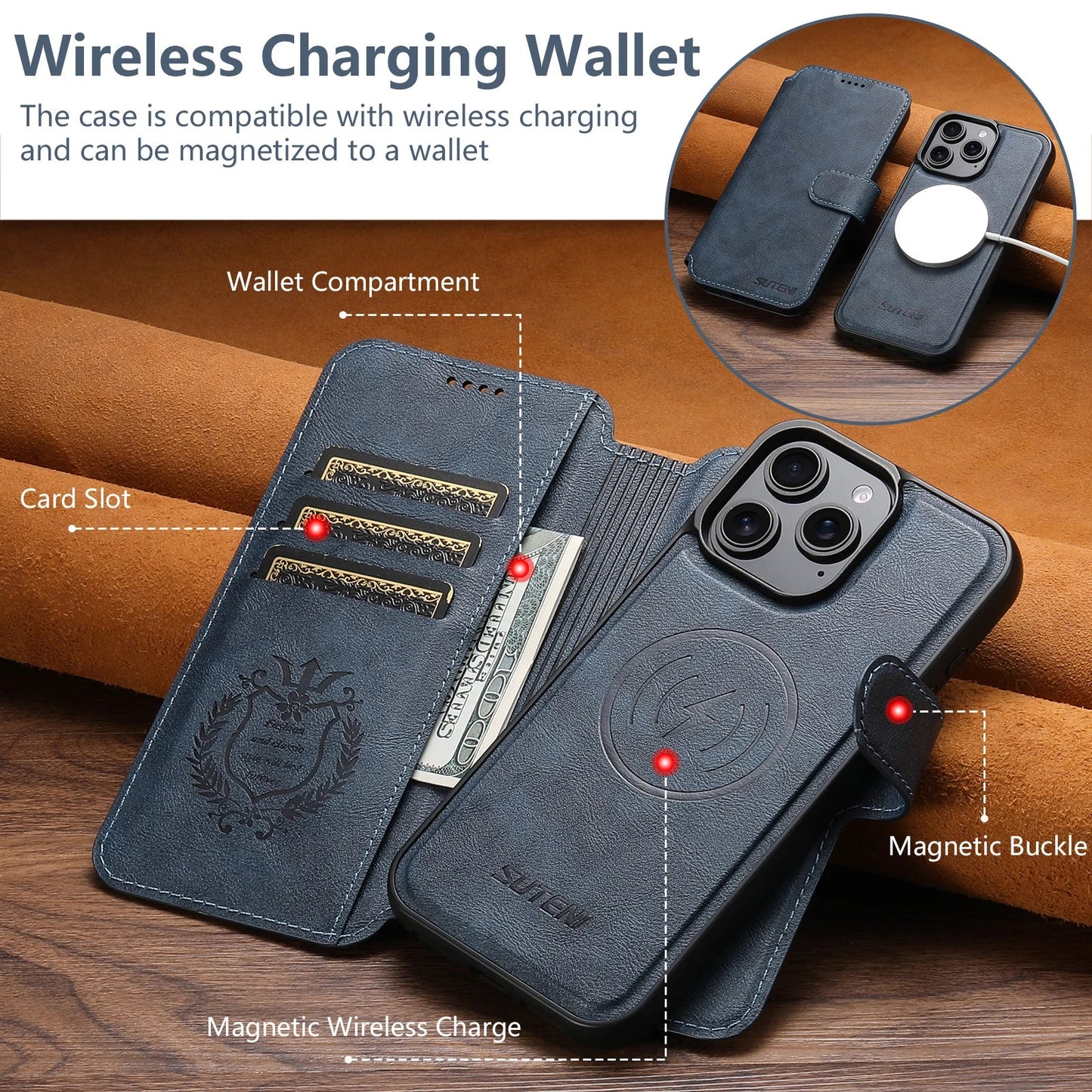 PU Leather Wireless Charging Card Holder Stand Wallet Magnetic Flip Cover Phone Case For iPhone 17 Pro Max 16 Plus 15 14 13 12