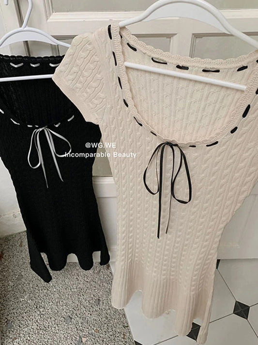 Short Sleeve Gyaru Knit U-Neck Dress Women Bodycon Slim Evening