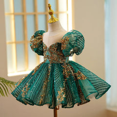 Kids Luxury Party Green Gold Dresses for Girls Size 1 - 12 Years Birthday Photo Shoot