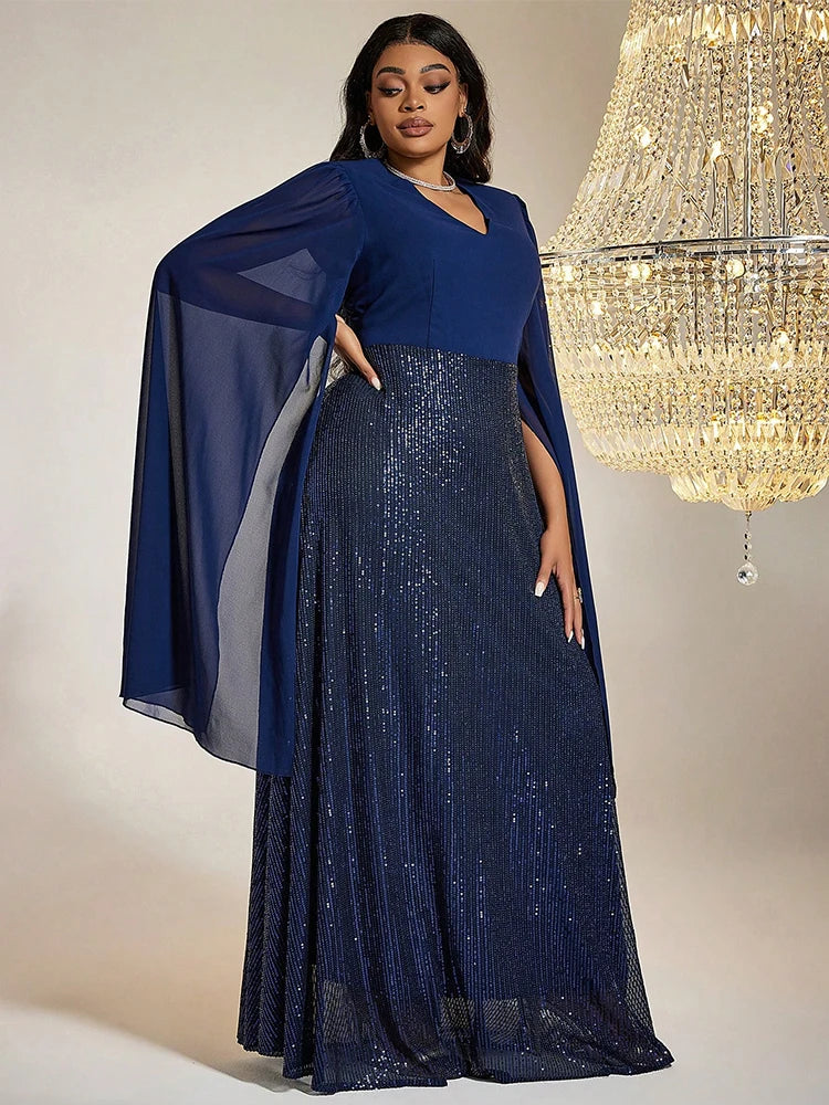 TOLEEN Women Plus Size Maxi Dresses Blue Sequin Formal Dress Elegant V-neck Extra Long Split Sleeves Tight Wedding Party Dress