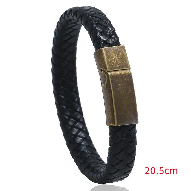 New Men Jewelry Punk Brown Braided Leather Bracelet for Men Stainless Steel Magnetic Clasp Fashion 20.5cm Bangles Gifts