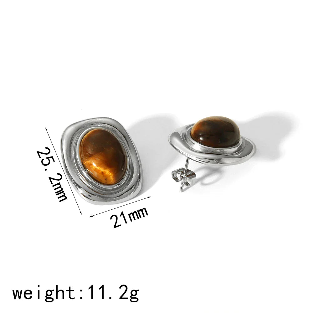 New Products Statement Nature Stone Tiger-eye Earrings Waterproof Gold Plated Stainless Steel Pearl Stud Earrings for Women