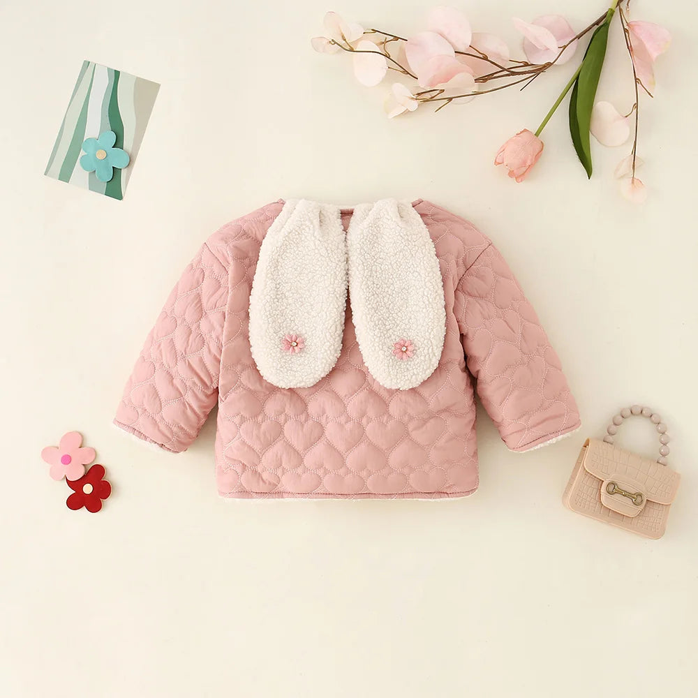 cotton jacket for girls, winter children's clothing cartoon furry rabbit ears, solid color round neck cotton jacket