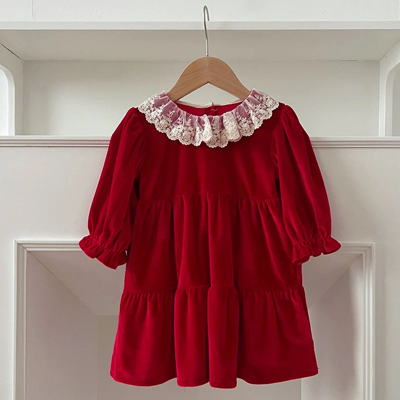 Christmas Party Dress Baby Girl Lace Princess Ruffle Satin Finish Dress