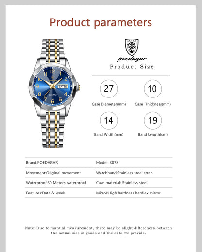 POEDAGAR Fashion Ladies Watch Waterproof Luminous Date Week Watch for Woman High Quality Stainless Steel Women's Quartz Watches