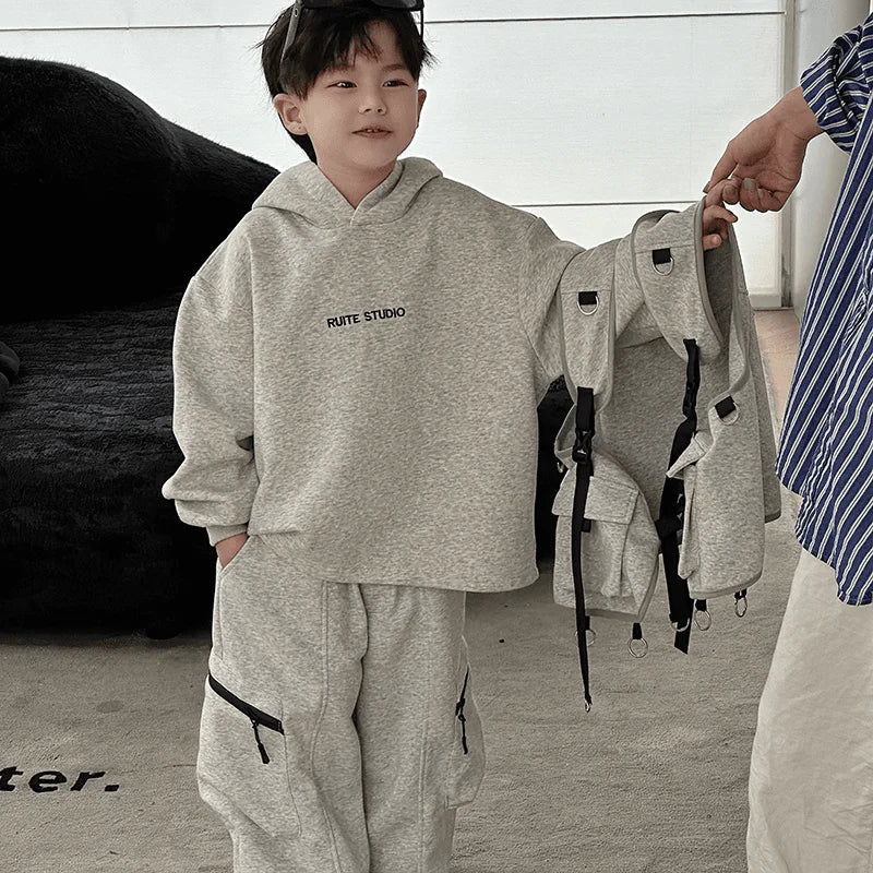 Fashion Boys Suits spring Autumn Pocket Letter Pullover Hooded Top+ Loose Pants 3pcs Kids Sets Casual Sportwear Handsome Clothes