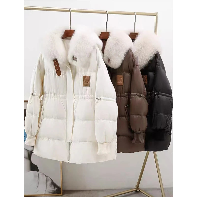 Real fur parka white duck Down Detachable Fur Jacket Mid-Length
