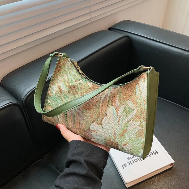 Fashion Vintage Women Oil Painting Design Shoulder Bags Ladies Simple Flower