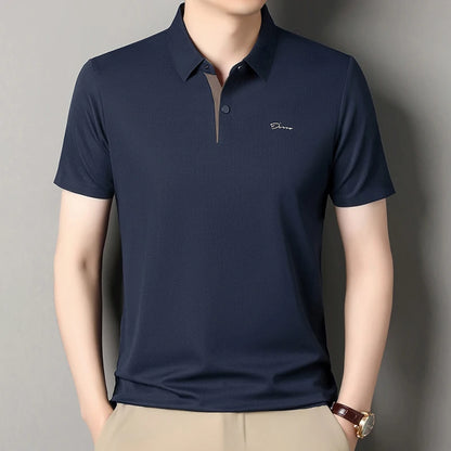 Summer seamless ice silk short sleeved T-shirt, polo shirt, flip collar, casual elastic top, breathable thin half sleeve