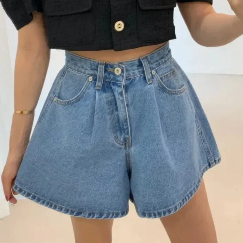 REALEFT Summer Washed High Waist Women's A-line Denim Shorts Pocket White 2025 New Casual Loose Wide Leg Jeans Shorts Female