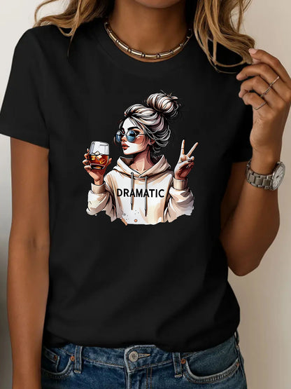 Streetwear 90s Women'S Casual Graphic T-Shirt "Dramatic" Print with Wine Print Short Sleeve T Shirt Clothing Top Tee