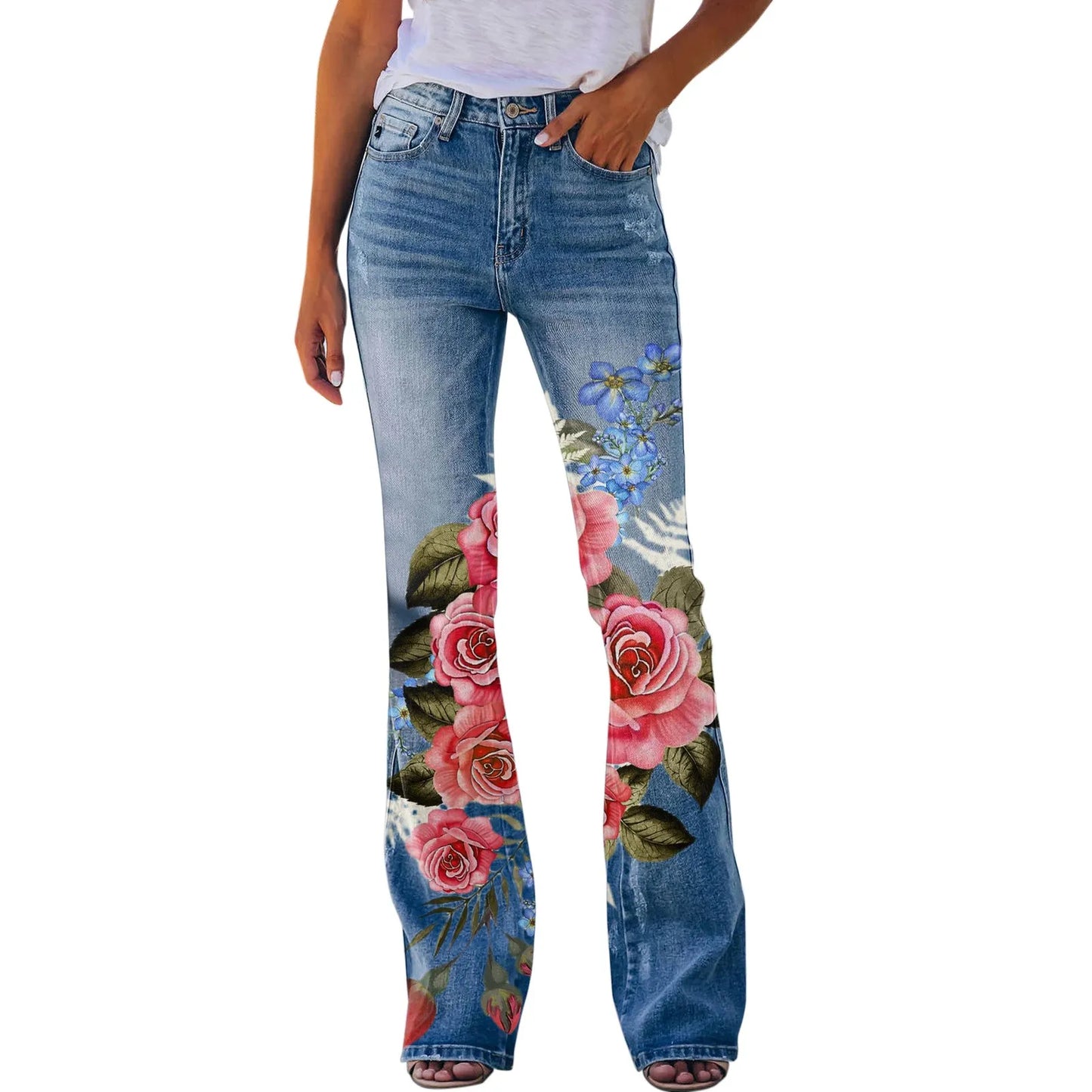 Y2K Ladies Retro Flared Pants Baggy Jeans Women Floral Printed Slim-Fit Denim Trousers