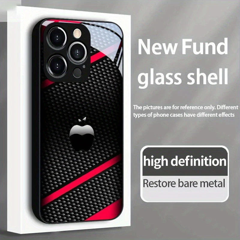 Black Carbon Fiber For Apple Pattern Glass Phone Case For iPhone 17 16 15 14 Pro Max 13 12 11 16E 17Air 7 8 Plus XR XS X Cover