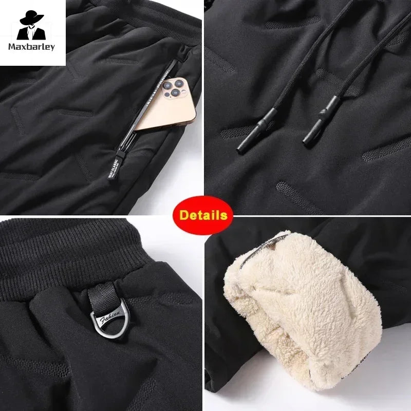 Winter Down Cotton Pants Men's Casual Waterproof Zipper Pocket Thickened Wool