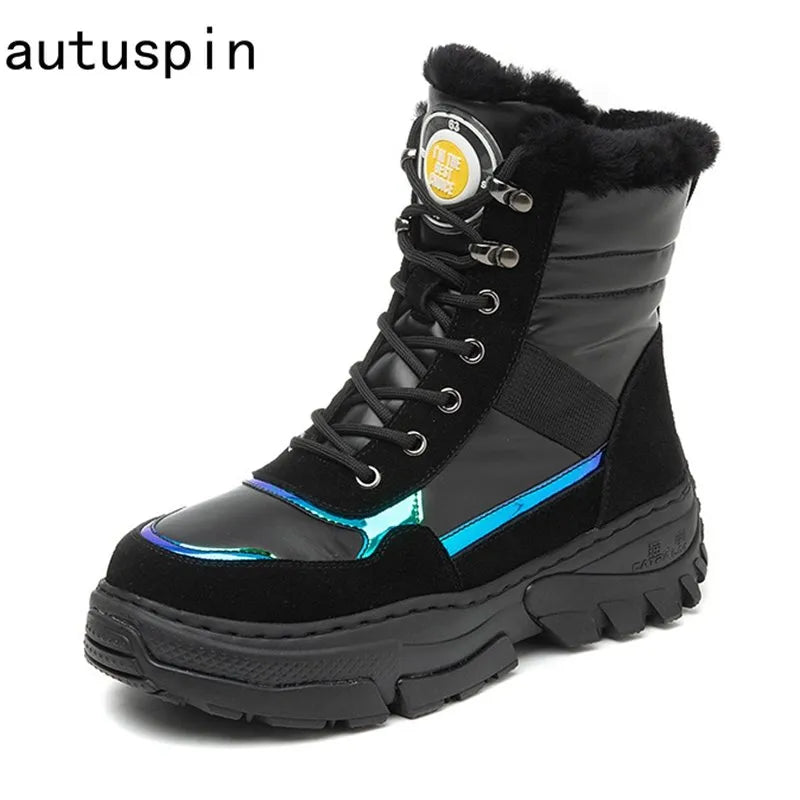 Autuspin Snow Boots Women Winter Fashion Flat Platform Genuine Mid-calf Boots