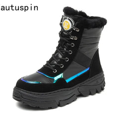 Autuspin Snow Boots Women Winter 2023 Fashion Flat Platform Genuine Mid-calf Boots Ladies Female Outdoor Keep Warm Shoes